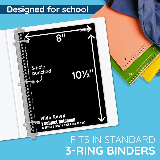 Blue Summit Black Wide Ruled Spiral Notebooks Bulk, 1 Subject Spiral Notebook Wide Ruled, Paper School Bulk Notebooks, 48 Pack