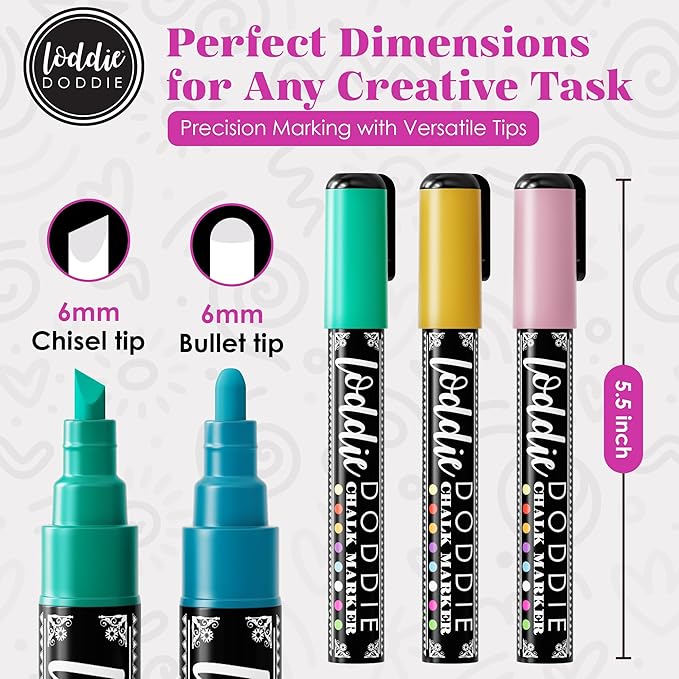 Loddie Doddie Liquid Chalk Markers - 8 Count, 6mm Reversible Chisel & Bullet Tips - Erasable Macaron Pastel Pens for Chalkboard & Acrylic Calendar - Teacher Must Haves - Dry Erase Markers - Chalk Pens
