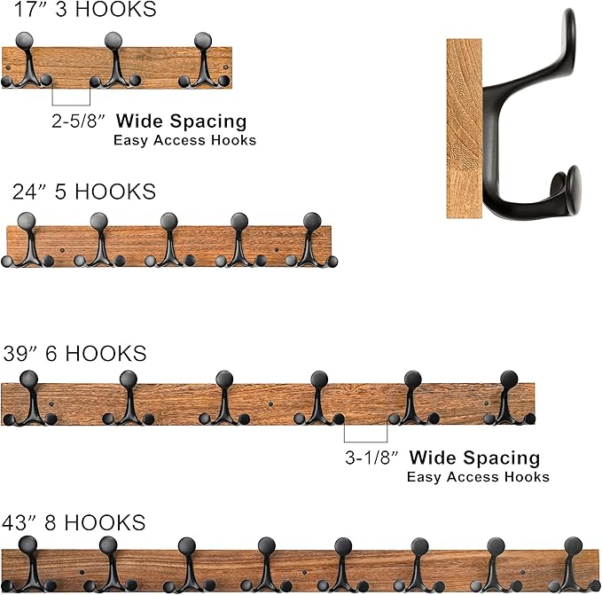 SKOLOO 24-Inch Natural Wood Coat Rack Wall Mount with 5 Triple Hooks - Ideal for Family Entrances, Classrooms, and Pet Supplies Storage - Perfect Coat Hooks for Wall