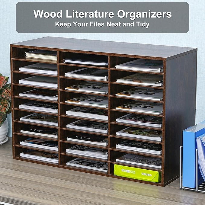 PAG Mail Sorter Organizer, Wood Literature Organizer, Student Mailbox for Classroom, Desktop Bill Paper Organizer for Office Home School, 27 Compartments, Brown
