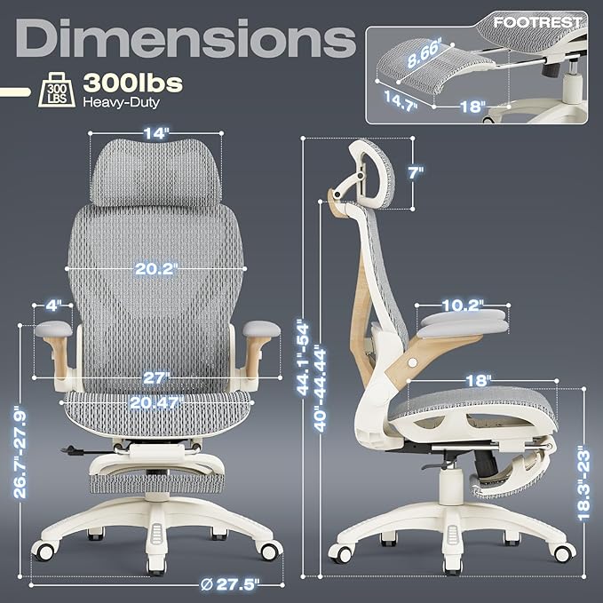 ELABEST X100 Ergonomic Office Chair with Footrest, Big and Tall Home Desk Chair with 5D Flip-Up Arms, Adjustable 7D Lumbar Support,High Back Rolling Computer Chair, Swivel Mesh Chairs (Foggy Morning)