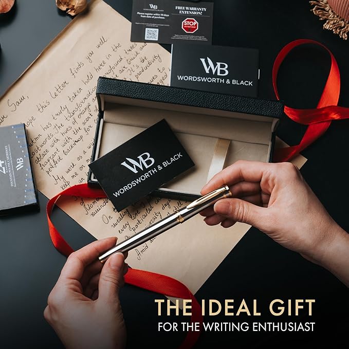 Wordsworth & Black Fountain Pen Set, 18K Gilded Fine Nib, Includes 24 Pack Ink Cartridges, Ink Refill Converter & Gift Box, Gold Finish, Calligraphy, [Silver Gold], Perfect for Men & Women