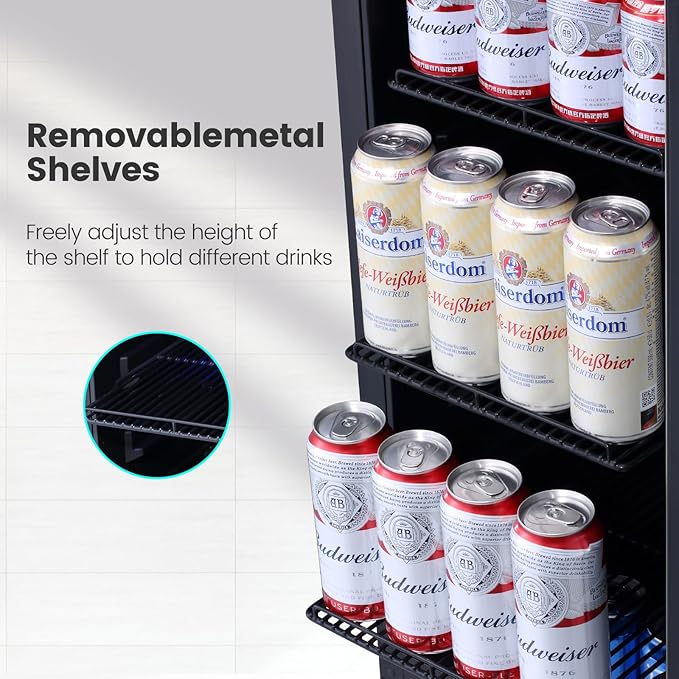 15 Inch Beverage Refrigerator Under Counter, 130 Cans Beverage Fridge with Tempered Glass Door & Lock, 37-65°F Beverage Cooler For Home/Bar, Built-in/Freestanding Mini Drink Cooler(3.53 cu.ft)