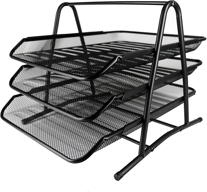 Huron Desktop Horizontal File Binder Organizer Storage Letter Tray, 3 Slot, Black Steel Mesh