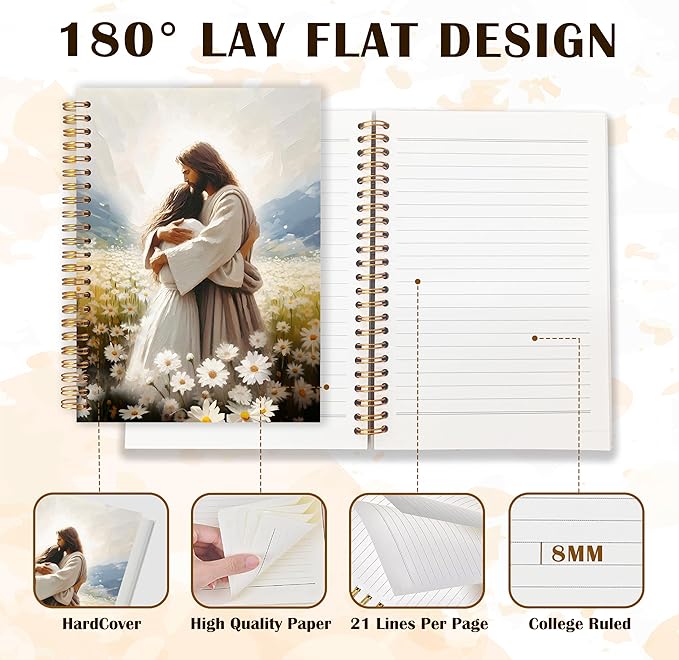 Qabliqo Jesus Christian Spiral Notebooks, Christian Gift Journal for Women, Daisy Flower Field Jesus Hugging Journals for Woman, Religious Notebook for Note Taking, 5.5x8.3 Inch