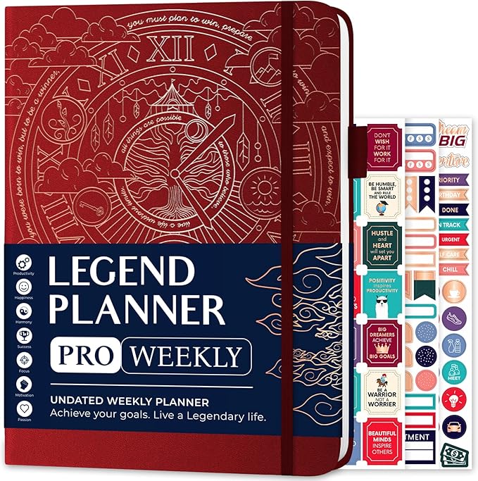 Legend Planner PRO – Deluxe Weekly & Monthly Life Planner to Increase Productivity and Hit Your Goals. Time Management Organizer Notebook – Undated – 7 x 10" Hardcover + Stickers – Wine Red