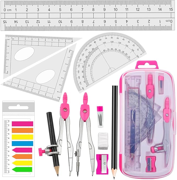 Maths Compasses Full Starter Geometry Kit with 2 Drafting Compasses Protractor 2 Set Squares Ruler Pencil and More for Students Maths Study Homework etc. Pink