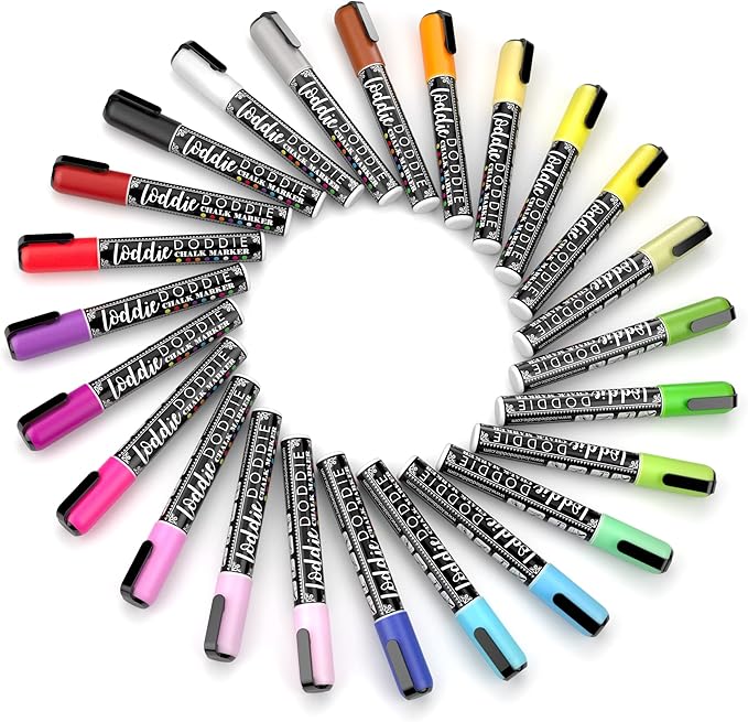 Loddie Doddie Liquid Chalk Markers (24-Pack) - Dust-Free Erasable Pens for Windows, Glass, Chalkboard & Blackboard - 6mm Reversible Bullet & Chisel Tip