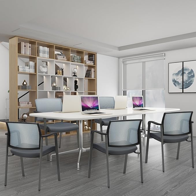 CLATINA Mesh Back Stacking Arm Chairs with Upholstered Fabric Seat and Ergonomic Lumber Support for Office School Church Guest Reception Grey