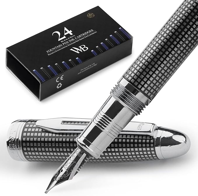 Wordsworth & Black Majesti Fountain Pen-(Black Checked), Luxury Case, Stainless Steel; Medium Nib- Ink Cartridges, Refillable Ink Converter-Calligraphy Pen-Best Business Gift Set for Men & Women