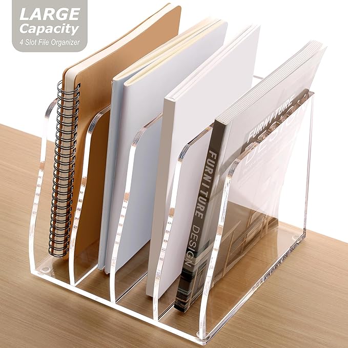 SANRUI Acrylic Desk File Organizer, 4 Vertical Compartments Clear Magazine File Holder Workspace Sorters, Folder Rack for Office Accessories Organization Storage