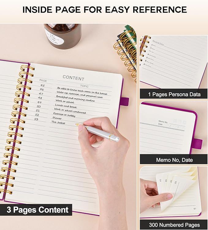 Large Spiral Notebook Journal for Women Men - 300 Numbered Lined Pages, College Ruled, A4 Hardcover Spiral Bound Notebook for School, Work, Note Taking, Writing, Leather Spiral Journal 8.5"x11"