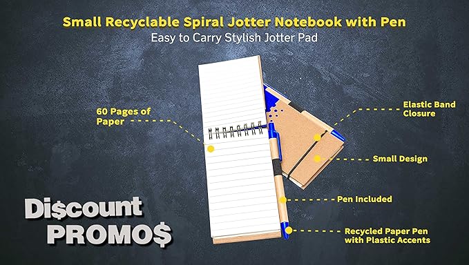 DISCOUNT PROMOS 10 Recyclable Spiral Small Notebooks Pack - 60 Lined Pages - Blue