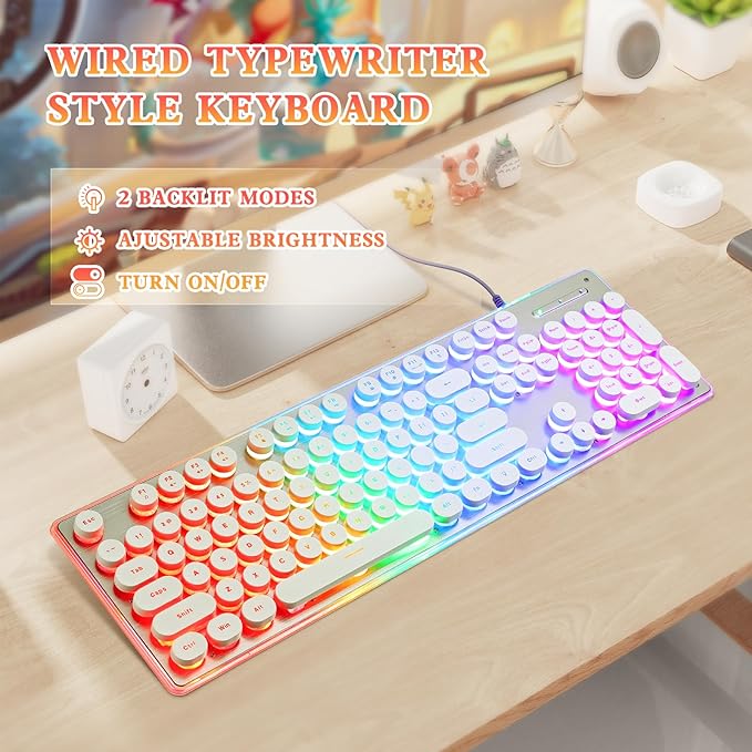 Typewriter Style Keyboard with Metal Panel, Rainbow LED Backlit, Round Keys, Anti-ghosting, Spill Resistant, Light Up USB Wired Retro 104 Keys for Office/Gaming, White/Silver
