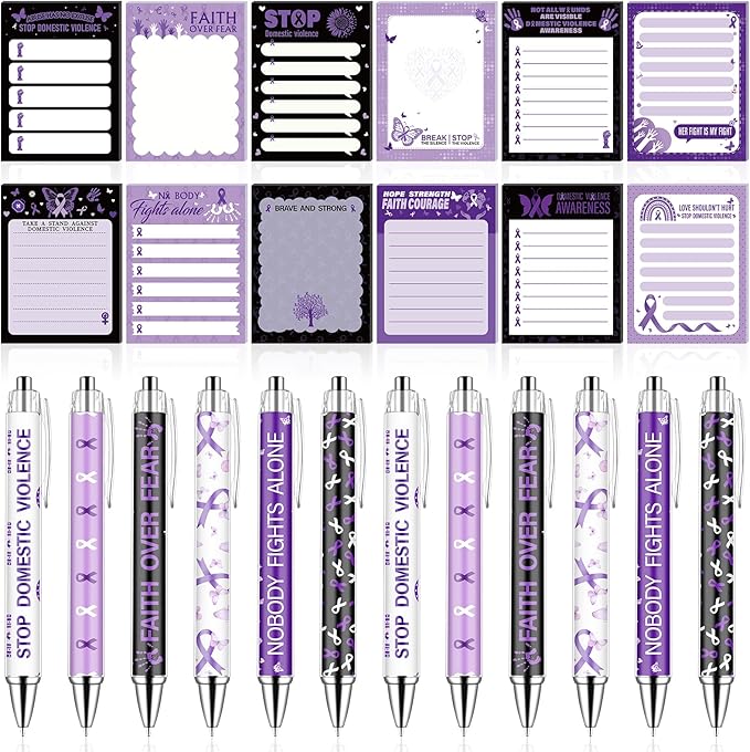 48 Domestic Violence Awareness Month Supplies Stop Domestic Violence Sticky Notes and Ballpoint Pens with Purple Ribbon Against Violence DV Survivor Support Gifts October Awareness Month Gift