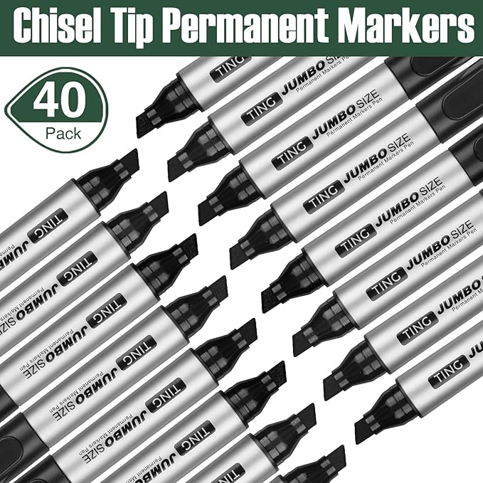 Cholemy 40 Pcs Jumbo Permanent Markers Bulk Large Chisel Tip Permanent Markers Quick Drying Pens for Office Teacher Supplies(Black)