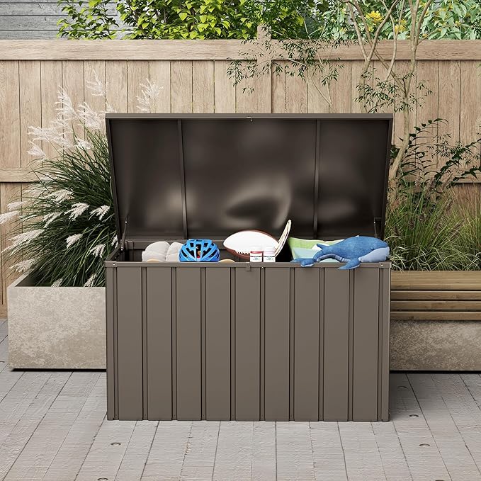 Domi Deck Box 150 Gallon, Waterproof Lockable Steel Outdoor Storage Container for Outside Cushions, Garden Tools and Pools Equipment, Brown