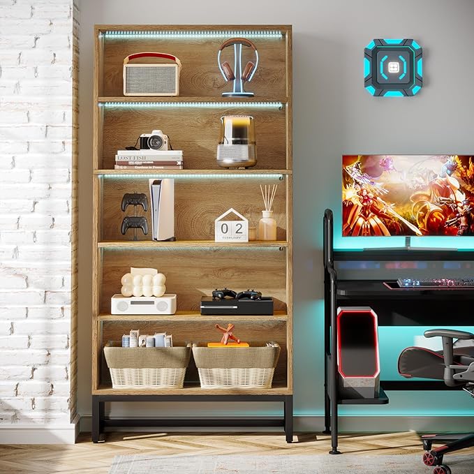 Tribesigns Tall Bookcase and Bookshelf, 70.8" Large Bookcases Organizer with LED Lights, Heavy Duty Free-Standing Library Bookshelf with 5-Tier Storage Shelves for Living Room, Bedroom (Brown)