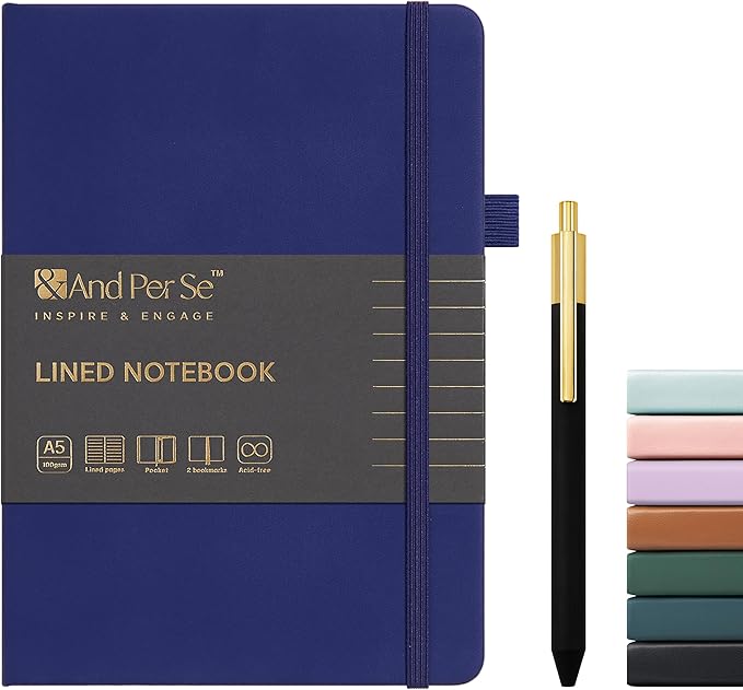 A5 Lined Leather Journal and Pen Set, Hardcover Notebook with Pen, 160 Pages 100gsm Thick Ruled Paper for for Women Men Work Business School or Home Writing, 5.7'' x 8'' (Royal Blue)
