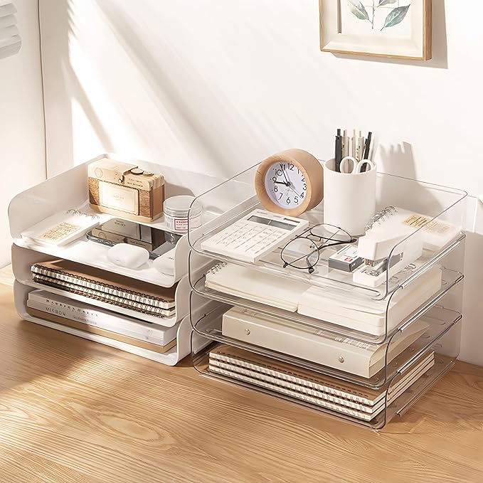 Desk Organizer Stackable Desk Paper Letter Tray Organizer Office Desktop File Paper Holder Book Storage Organization Rack (Clear, 4 x Standard Entry)