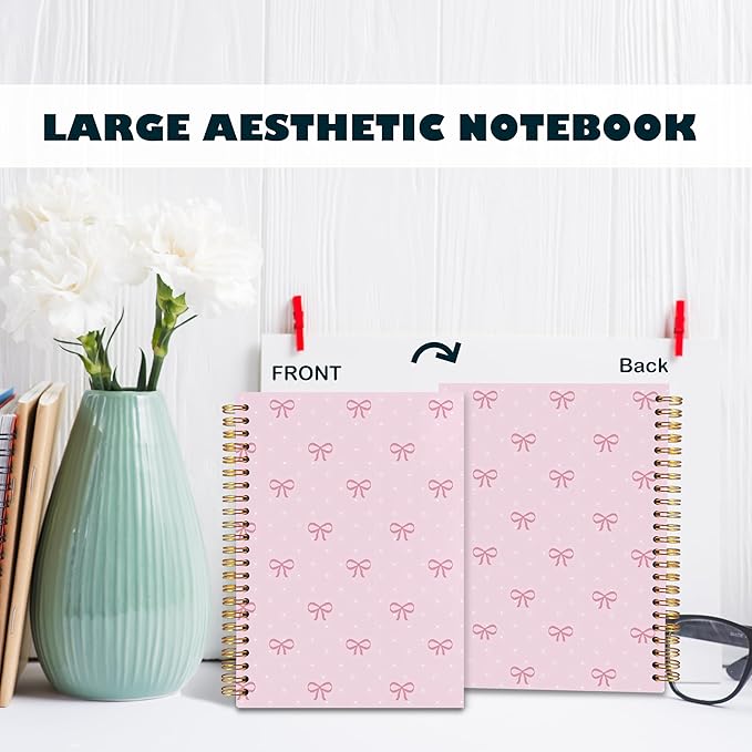 BearCake Coquette Pink Bow Notebook Journal, Preppy Cute Bow Journal for Women Girls, Pink Cute Office Supplies, Girly Aesthetic Hardcover Spiral Notebook 5.5x8.3