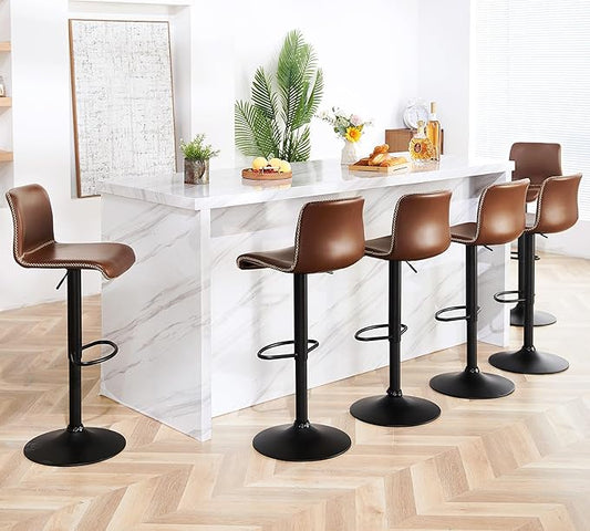 HeuGah Bar Stools Set of 6, Swivel Counter Height Barstools with Back, Adjustable Height 24" to 32", Brown Faux Leather Bar Chairs for Kitchen Island (Brown, Set of 6 (24'' to 32''))