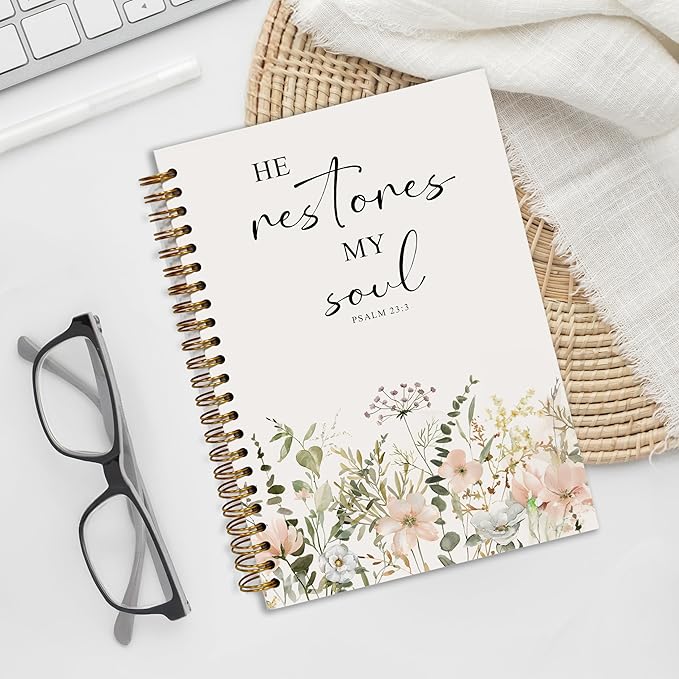 Bible Notebook, A5 Spiral Christian Journal with Floral Notebook, Bible Verse-He Restores My Soul, Inspirational Notebooks for Women, Bible Study, Gift for Birthday Christmas, Office Supplies (White)