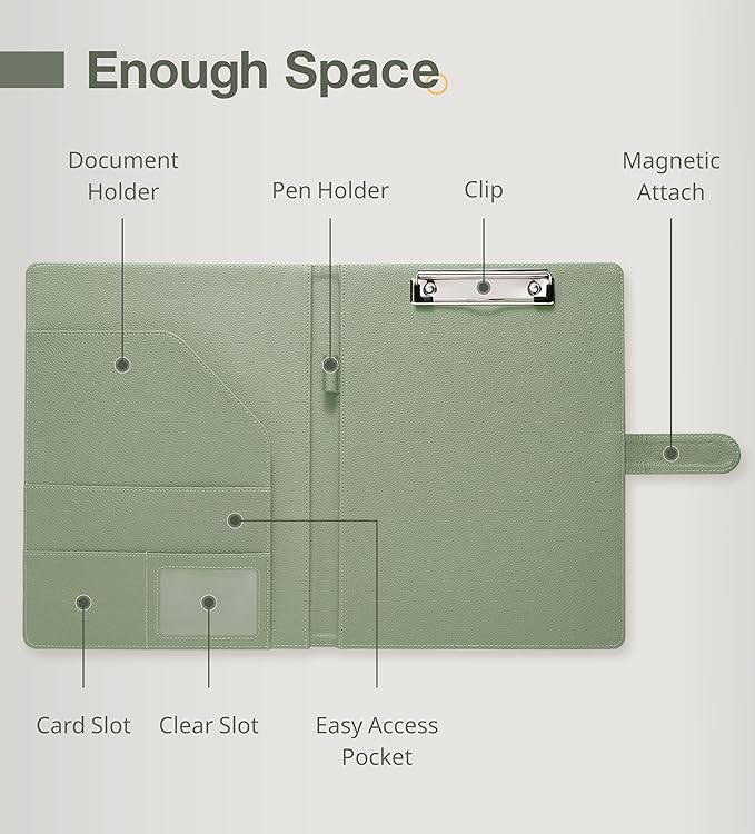 Clipboard Folder Padfolio, Mymazn Writing Portfolio Faux Leather Clipboards with Cover for Legal Pad Holder Letter Size A4 8.5 x 11 for Business Conference Notepad Clip Board (Sage)