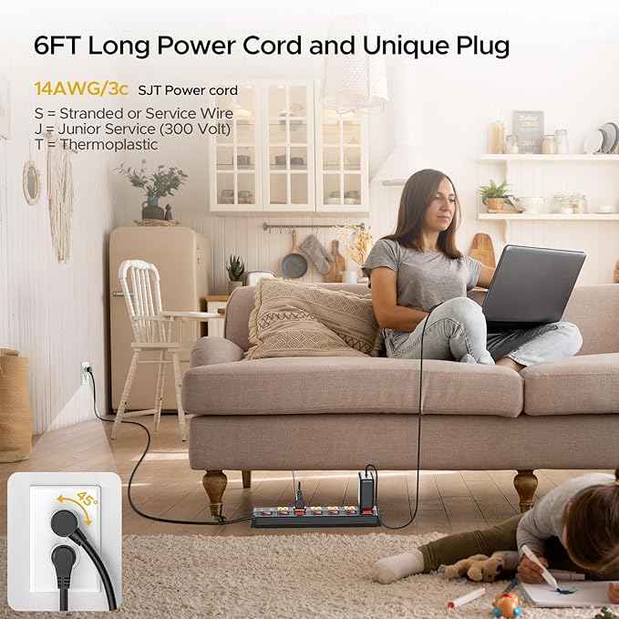 CRST 6 Outlet Metal Heavy Duty Power Strip with Individual Switches, 6FT Wall Mount Garage Power Strip, Surge Protector (1200 Joules), 15amp/1875W, 14AWG SJT Power Cord
