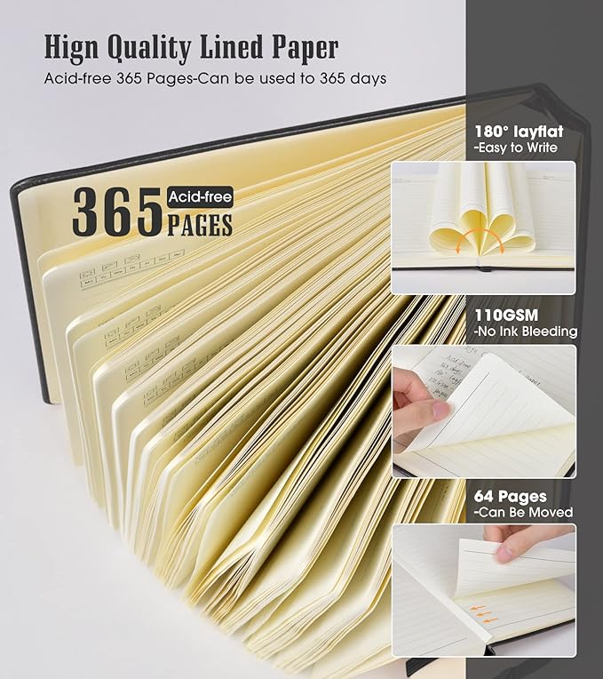 Lined Journal Notebook, 365 Pages A4 Large Journals for Writing Ruled Notebook, Hardcover Leather Journal for Women Men, Daily Notebook for Work, Note Taking, 100Gsm Thick Paper (8.5" x 11" Blcak)