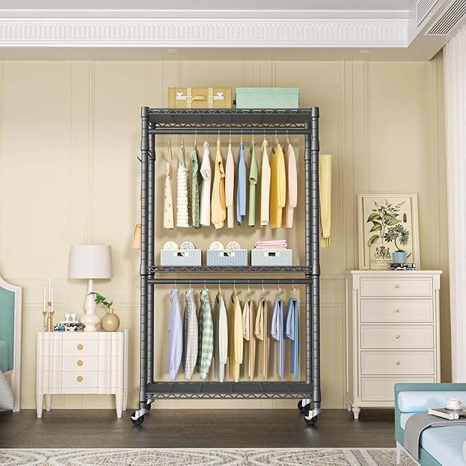 P1 Heavy Duty Garment Rack, 3 Tiers Adjustable Rolling Metal Closet Organizer with Lockable Wheels, FreeStanding Wardrobe with Double Hanger Rods & 1 Pair Hooks, Max Load 450 LBS, Gray