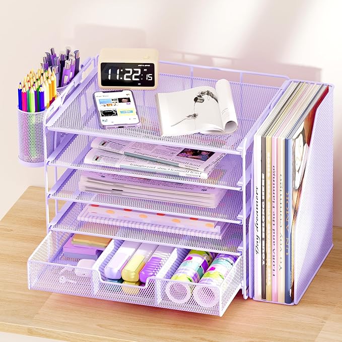 Desk Organizers and Accessories, 5-Tier Paper File Organizer with Drawer & Pen Holder, Office Desk Accessories Workspace Desktop Organizer for Office Supplies((Purple)