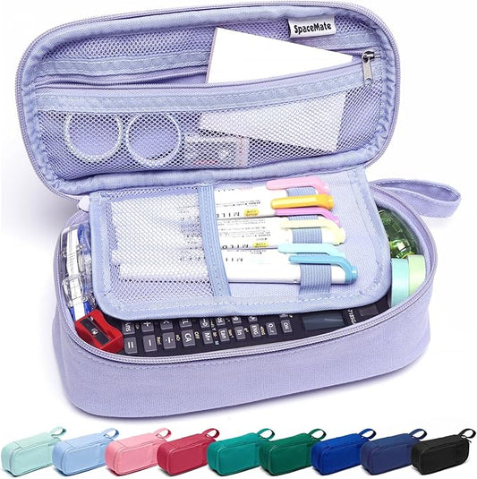 Pencil Case Pouch Box Bag School Supplies Girls Boys Kids, Cute Preppy Stuff Large Big Capacity Aesthetic Pen Organizer, Back to College Stationary, Purple, Heavy Duty Canvas, 1800ml