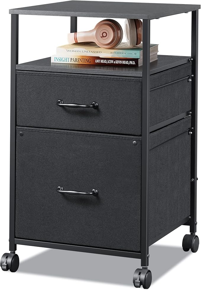 DEVAISE Mobile File Cabinet, Rolling Printer Stand with Open Storage Shelf, Fabric Vertical Filing Cabinet fits A4 or Letter Size for Home Office, Black