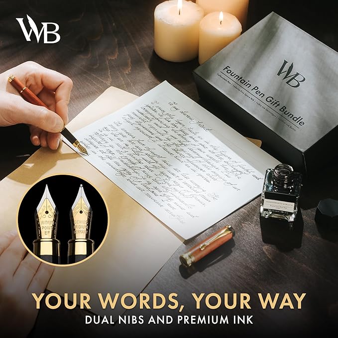 Wordsworth & Black Fountain Pen Set, Luxury Bamboo Wood - Medium Nib, Extra Fine Nib, Gift Case; 25ML Black Ink Bottle, 6 Ink Cartridges, Refill Converter - Calligraphy, Writing [Rosewood]