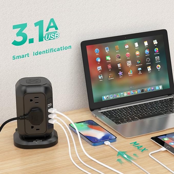 AiJoy Power Strip Tower 16.4 ft Cord, Surge Protector with 12 AC Outlet and 4 USB Ports, Charging Station Extension Cord with Multiple Outlets for Home, Office, Dorm Room Essentials
