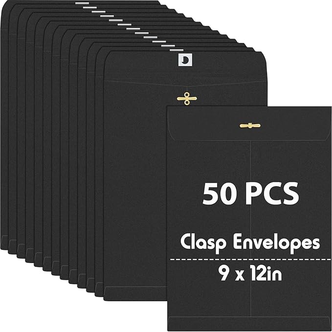 Geyee 50 Pcs 9 x 12 Inch Black Clasp Envelopes Letter Size Mailing Envelopes with Clasp Closure for Filing Storing Documents Office Home Business School