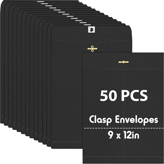 Geyee 50 Pcs 9 x 12 Inch Black Clasp Envelopes Letter Size Mailing Envelopes with Clasp Closure for Filing Storing Documents Office Home Business School