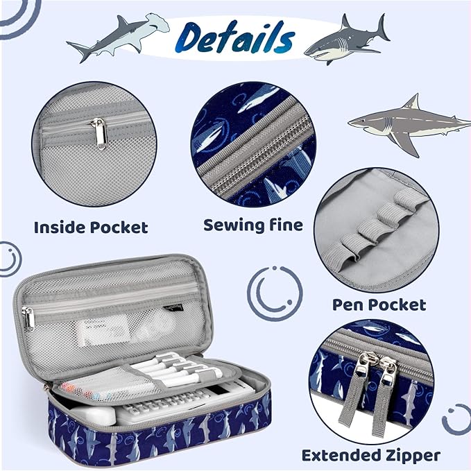 Choco Mocha Shark Pencil Case for Boys, Soft Pencil Case Kids Pencils Pouch for Kindergarten Boys, Blue