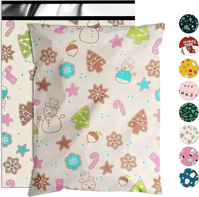 Christmas Poly Mailer 10x13 Inch 100 Pcs, Waterproof Shipping Bags for Clothing, Tear-Resistant Mailier Bags, Strong Mailing Bags with Self-Seal - Christmas Elements Printed