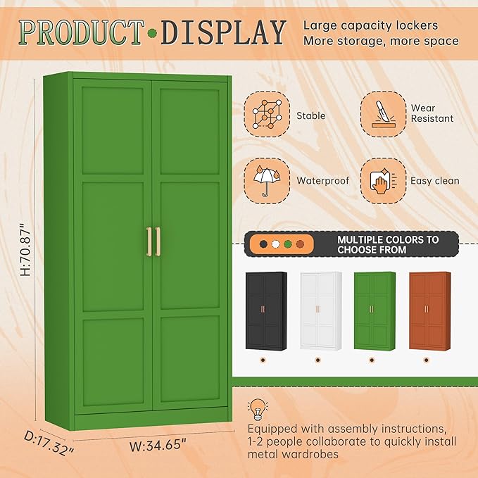 Greenvelly Metal Wardrobe Cabinet with Wooden Handle, 72" Metal Wardrobe Closet with Hanging Rods and Adjustable Shelves, Clothing Storage Closet Cabinet for Home, Office, Employee, Gym (Green)