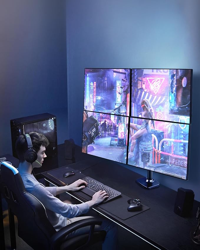 Quad Monitor Mount, Holds Screens up to 40 Inches and 25 lbs, Fully Adjustable 4 Monitor Mount with C-Clamp and Grommet Base, Aluminum, Black