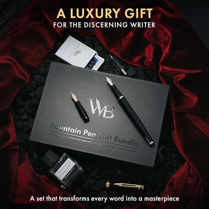 Wordsworth & Black Fountain Pen Set,18K Gilded Medium and Extra Fine Nib,25MLBlack Ink Bottle,6 Ink Cartridges,Refill Converter,Gift Box,Smooth Writing Pens [Black Gold],Gift Set for Men and Women