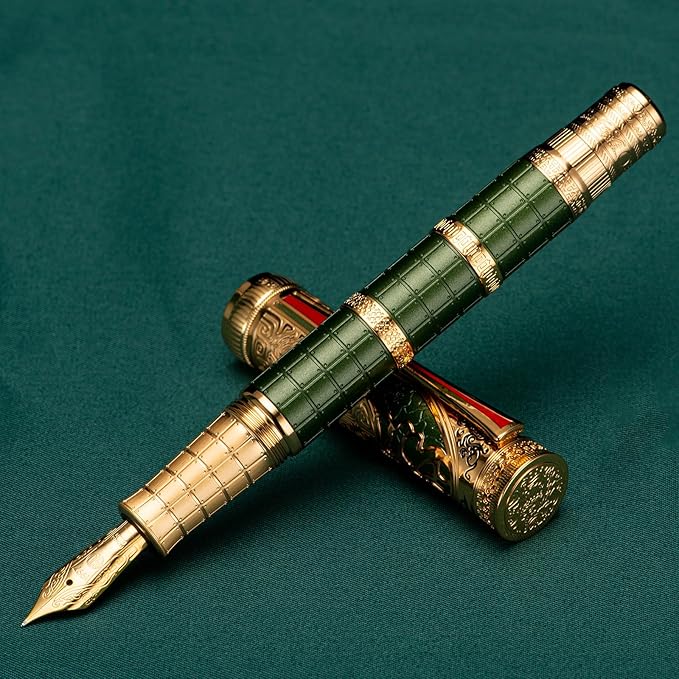 Hongdian D5X Fountain Pen - Green Qin Dynasty Retro Chinese Totem Engraving, Extra Fine Nib, Smooth Writing with Converter and Pen Box Set