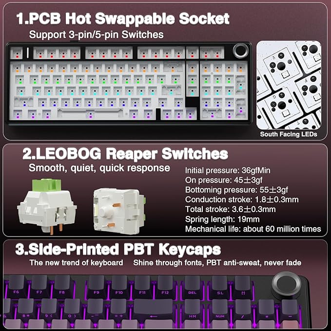 AULA F99 Pro Wireless Mechanical Keyboard with Knob,Tri-Mode BT5.0/USB-C/2.4GHz Hot Swappable Keyboard,Pre-lubed Switches,RGB Backlit Computer Gaming Keyboards