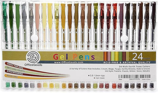 OfficeGoods Brown Earth Gel Pens with Refills – Adult Coloring Journaling Art – Medium 0.8-1.0mm Tips – Non-Toxic Gel Pens Set – Quick Dry Smudge-Free 24 Pack Colors