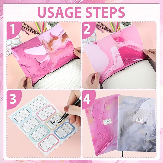 Jumbo Stretchable Book Covers 8PCS Reusable Fabric Book Cover with Label 9x11in Marble Print Protective Sleeve for Hardcover Books Textbook Cover for School Fits Most Book Sizes Up to 10x12.5in