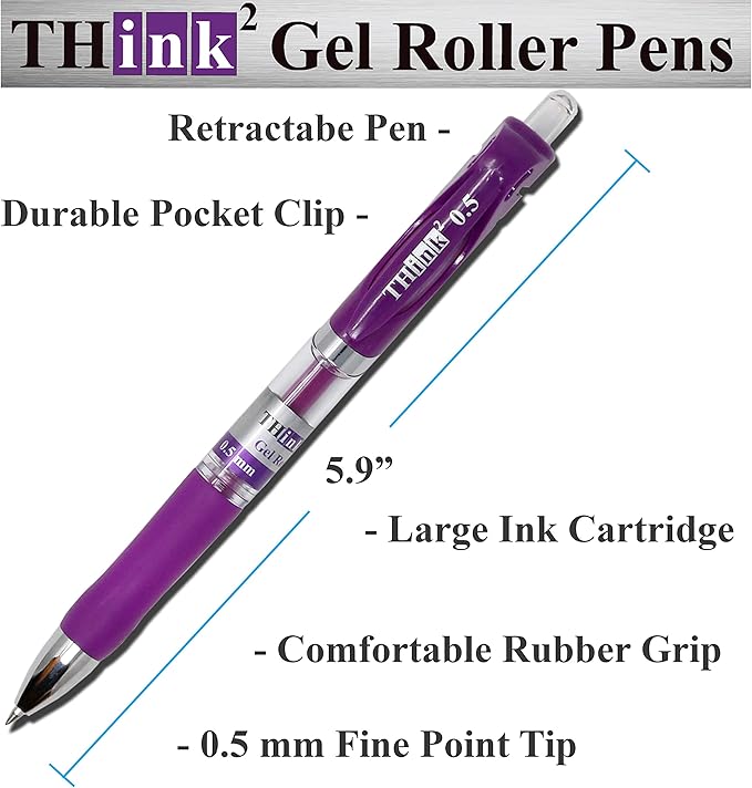 THINK2MASTER [24 Pens - Purple Ink] Think2 Retractable Gel Pens. (24 Purple) Fine Point (0.5mm) Rollerball Pens with Comfort Grip.