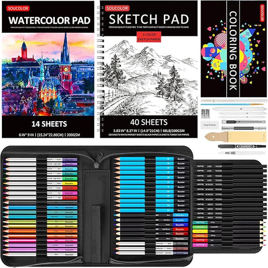 Soucolor 76 Pack Drawing Set Sketching Pencils Kit with 3-Color Sketch Book, Watercolor Pad, Coloring Book, Colored, Graphite, Charcoal, Watercolor, Metallic Pencils for Artists Adults Teens Beginner
