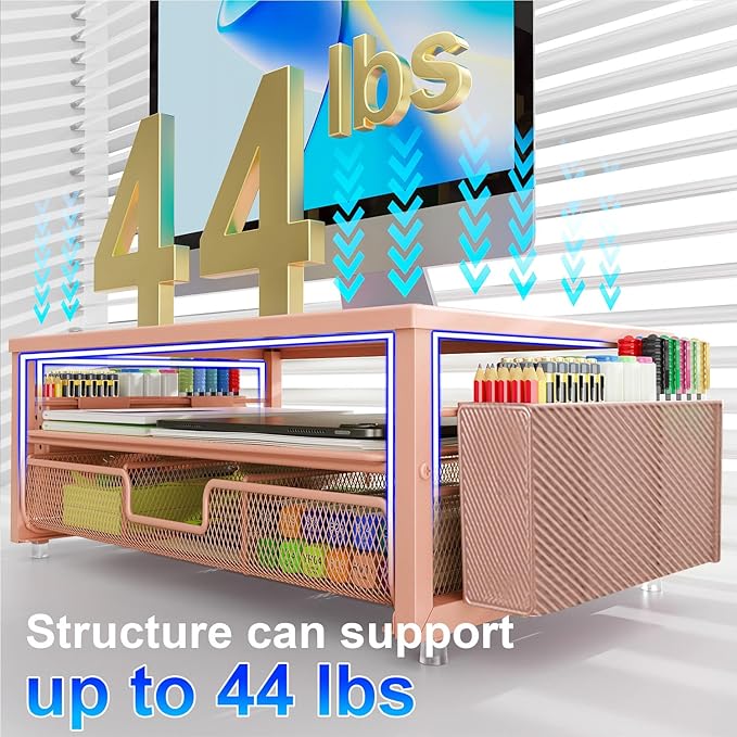 gianotter Desk Organizers and Accessories, Monitor Stand with Drawer and 2 Pen Holder, Desktop Organizer Suitable for Offices and Dormitories (Rose Gold)